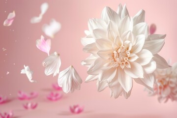 Fototapeta premium a flying big white falling flower art, wedding romantic bloom peony nature celebration background, decoration pastel pink holiday creative background