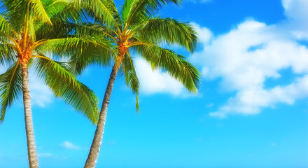 Palm tree, blue sky and tropical holiday for adventure in Maldives or summer, vacation or outdoor. Plants, environment and traveling relax with sunlight for island paradise or trip, resort or break