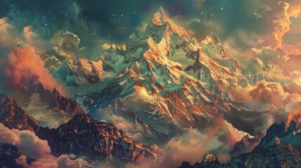 Surreal mountains backdrop ethereal beauty