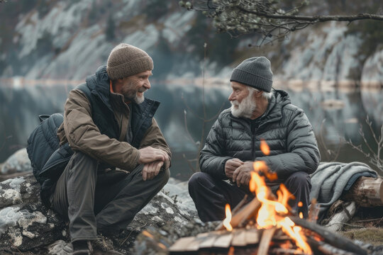 adult man and his senior father talking by campfire in nature