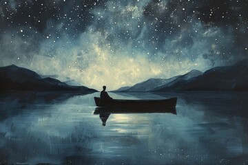 a lone individual in a small boat amidst a vast, calm lake under a starry night sky - obrazy, fototapety, plakaty