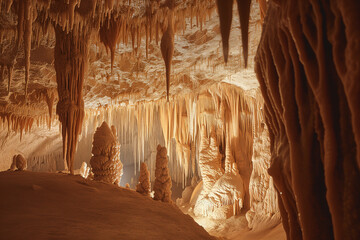 Interior of a limestone cave featuring prominent stalactite and stalagmite formations, highlighting geological development over time.