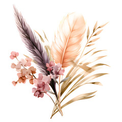 Pampas grass seamless border. Boho floral arrangement of dry palm leaves and branches in pastel colors. Watercolor for print, on white and transparent background
