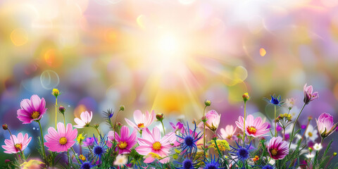Spring flowers background with sunbeams, perfect for springthemed designs, nature projects, backgrounds, greeting cards, and floralthemed marketing materials.