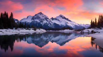 Fototapeta na wymiar Awakening Infinity: A Heavenly Dawn Breaking Over Serene Mountain Lake
