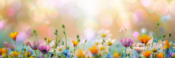 Spring flowers background with sunbeams, perfect for springthemed designs, nature projects, backgrounds, greeting cards, and floralthemed marketing materials.