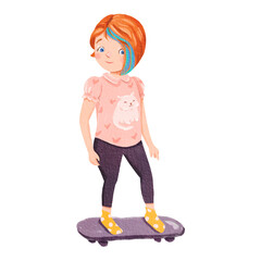 A little girl in a magenta sleeve is skateboarding against a white background. Watercolor cartoon portrait.