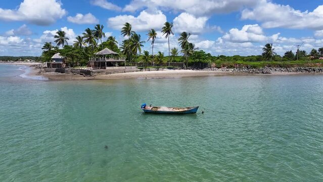 Fishing Boat In Porto Seguro Bahia Brazil. Idyllic Beach. Nature Landscape. Bahia Brazil. Tourism Background. Fishing Boat In Porto Seguro Bahia Brazil. Peaceful Scenery Of Tourism.