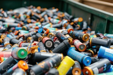 Used household batteries collected in a bin for recycling, highlighting the importance of proper battery disposal.