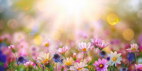 Spring flowers background with sunbeams, perfect for springthemed designs, nature projects, backgrounds, greeting cards, and floralthemed marketing materials.