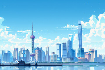 The shanghai skyline of blue and silver color.