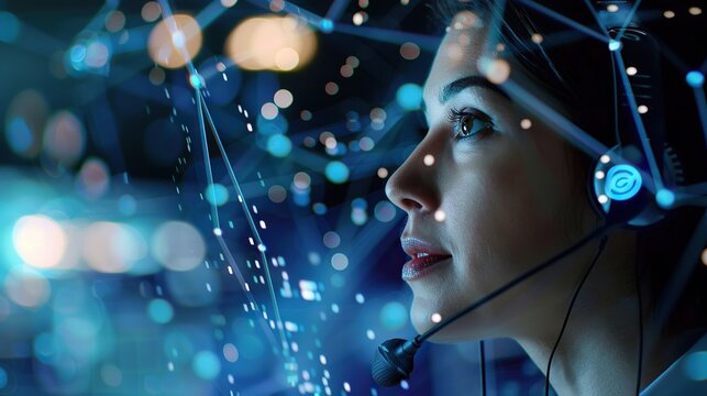a  female virtual assistant  and customer service representative against a backdrop of digital...