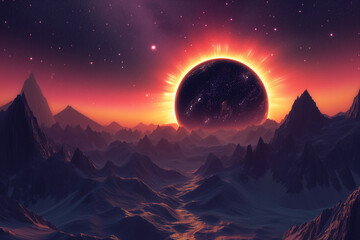 Artistic rendition of a solar eclipse over layered mountain ranges with a starry night sky transitioning into a vibrant dawn