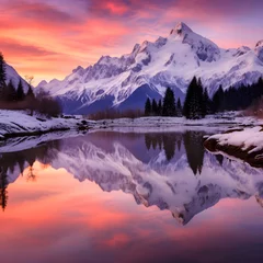 Schilderijen op glas Awakening Infinity: A Heavenly Dawn Breaking Over Serene Mountain Lake © Bill