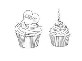 Cup cake set, decorated cupcakes with hearts stars and birthday candle, page for adult colouring book