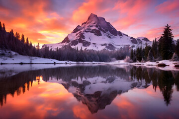 Fototapeta na wymiar Awakening Infinity: A Heavenly Dawn Breaking Over Serene Mountain Lake