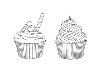 Cup cake set, decorated cupcakes with hearts stars and birthday candle, page for adult colouring book