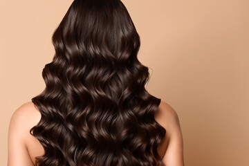 Portrait of a beautiful woman with brown long wavy hair from rear view