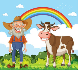 Obraz na płótnie Canvas Cartoon of a smiling farmer with his cow outdoors