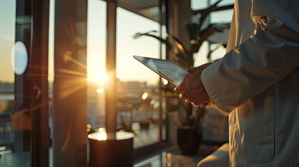 Reviewing business report on digital tablet