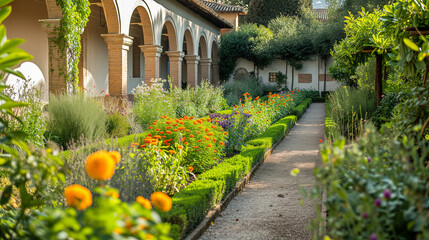 Monastic Horticulture, Tranquil garden within a monastery, Rows of carefully tended flowers and herbs