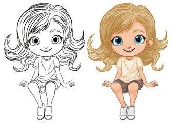 Black and white and colored cartoon girl illustrations