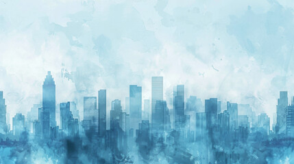 Blue skyline background with many skyscrapers.