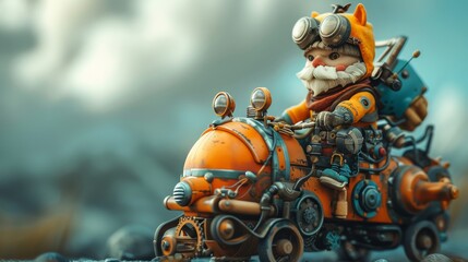 A whimsical steampunk-themed digital art piece featuring a character in a submarine vehicle ready for underwater exploration.