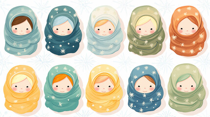 Group of babies wrapped in blankets. Generative AI