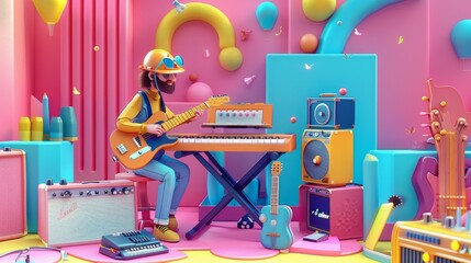 A vibrant and surreal scene featuring a bearded musician playing an electric guitar surrounded by...