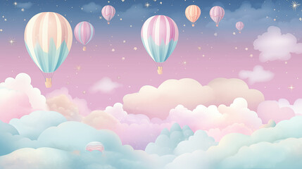 Obraz premium Group of hot air balloons flying through cloudy sky. Generative AI