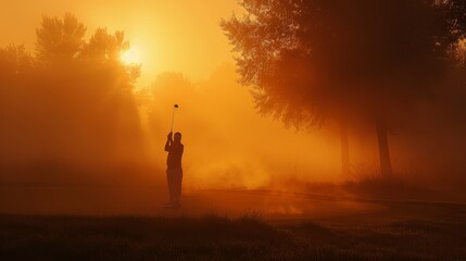 A golfer completes a powerful swing, silhouetted against a misty, golden sunrise that bathes the landscape in a warm glow.