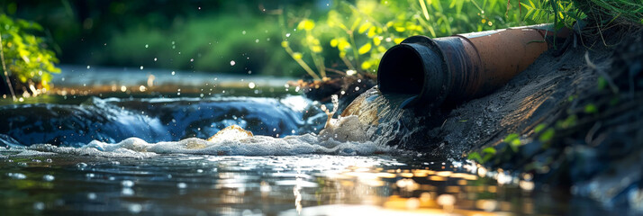 Title Pipe pouring water into river. Suitable for environmental concepts, water management illustrations, conservation campaigns, and infrastructure design projects.
