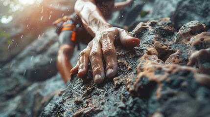 Close-up of a rock climber's hand gripping a wet, rugged rock face during a rain shower, showcasing endurance and strength.