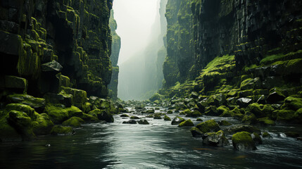 Detailed shooting of vertical green rocks on both sides of the canyon. Atmospheric and moody lighting. Generative AI