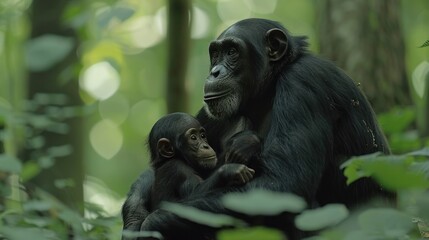 Obraz premium Maternal Bond in the Jungle. Heartwarming Portrait of a Mother Monkey Tenderly Caring for Her Endearing Baby Amidst the Lush Greenery of the Rainforest