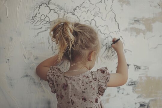 Little girl drawing pictures on a white wall