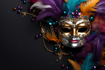 Carnival mask on black background, Mardi Gras carnival party banner, empty space fot text