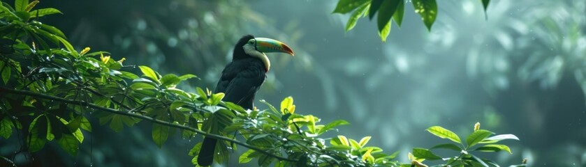 Colorful Avian Wonders. Stunning Toucan of the Tropics Perched Amidst the Lush Greenery of the Forest Capturing the Beauty and Diversity of Nature's Feathered Creatures - obrazy, fototapety, plakaty