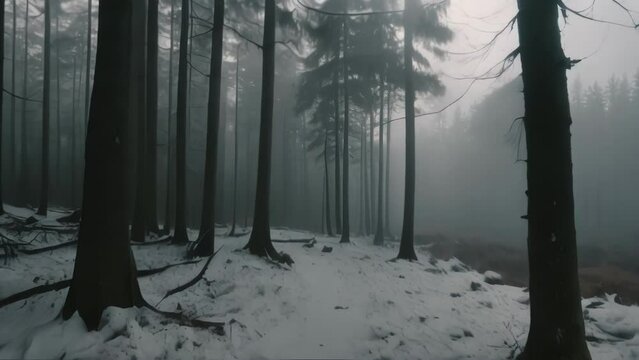 Misty Winter Woods: A serene scene of trees draped in fog, bathed in soft sunlight, creating a tranquil winter landscape