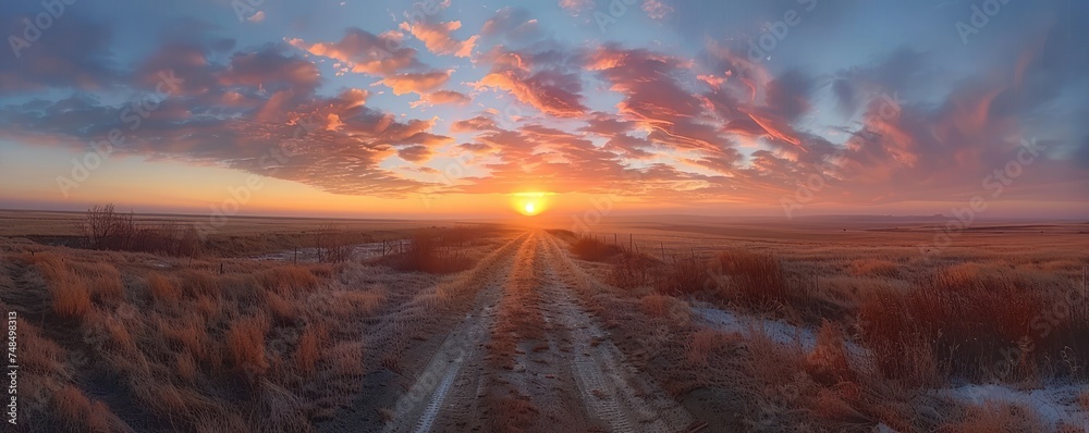 Canvas Prints evening through the fields. bathed in the warm glow of the setting sun, a tranquil path winds throug