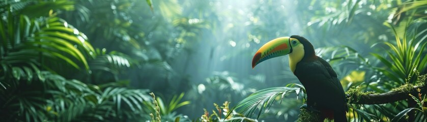 Fototapeta premium Colorful Avian Wonders. Stunning Toucan of the Tropics Perched Amidst the Lush Greenery of the Forest Capturing the Beauty and Diversity of Nature's Feathered Creatures