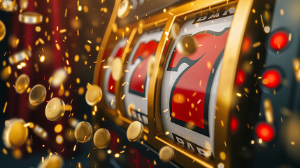 slot machine showing 777 with flying golden coins and confetti, casino, gambling and winning concept  - obrazy, fototapety, plakaty
