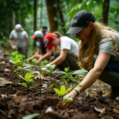 Naklejka premium Environmental Conservation Group. Diverse Community of Women Engaged in Planting Trees and Cultivating Forests