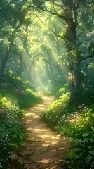 Enchanted Forest Path. Tranquil Journey Through Nature's Splendor, Where Sunlight Filters Through Lush Green Canopies