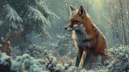 Fototapeta premium Red Fox in Snow. Captivating Portrait of a Wild Fox Amidst a Winter Wonderland. With its Bright Red Fur Contrasting Against the White Snow