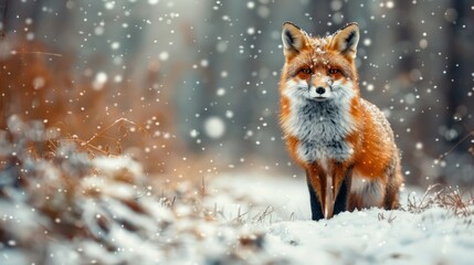 Red Fox in Snow. Captivating Portrait of a Wild Fox Amidst a Winter Wonderland. With its Bright Red Fur Contrasting Against the White Snow