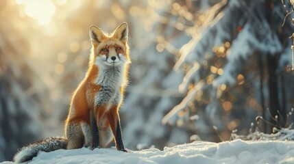 Fototapeta premium Red Fox in Snow. Captivating Portrait of a Wild Fox Amidst a Winter Wonderland. With its Bright Red Fur Contrasting Against the White Snow