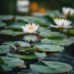 Tranquil Serenity. Graceful Frog Rests Upon a Lily Pad in a Peaceful Pond. Surrounded by Vibrant...
