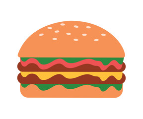 Burger with double cutlet, herbs, cheese, tomato. Sesame burger bun. Vector illustration, eps 10.